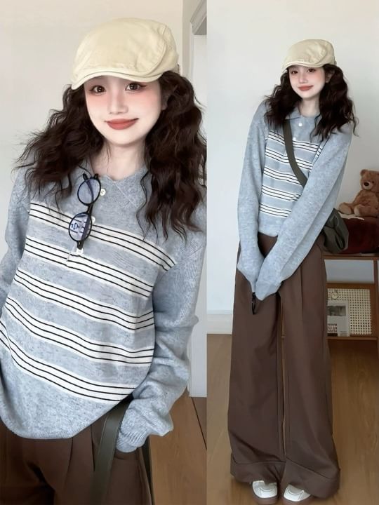 Striped Henley Collar Sweater