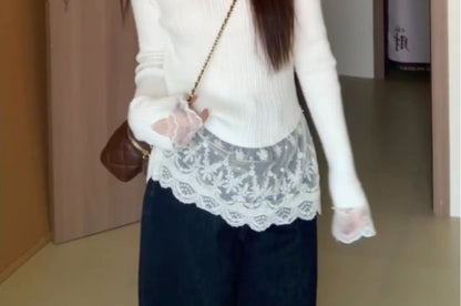 Mock Two-Piece Mock Neck Lace Bow Accent Knit Top