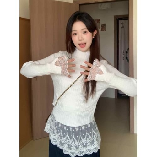Mock Two-Piece Mock Neck Lace Bow Accent Knit Top