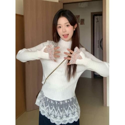 Mock Two-Piece Mock Neck Lace Bow Accent Knit Top
