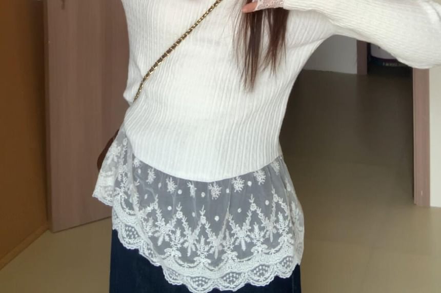 Mock Two-Piece Mock Neck Lace Bow Accent Knit Top
