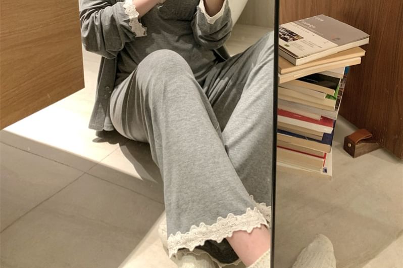 V-Neck Lace Camisole, Jacket & High Waist Straight Leg Pants Pajama Set