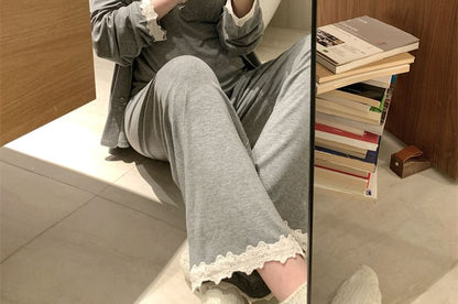 V-Neck Lace Camisole, Jacket & High Waist Straight Leg Pants Pajama Set