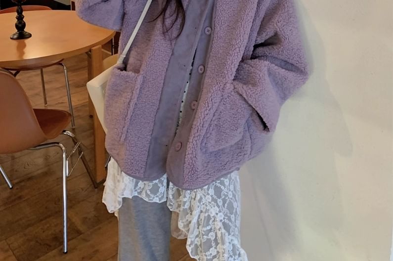 Fleece Jacket, Mock Neck Dotted Top, Ruffle Skirt & Lace Flared Pants Set
