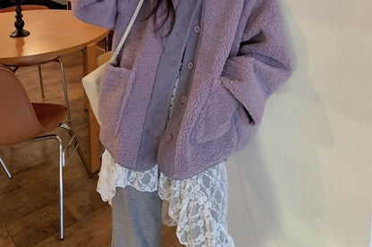 Fleece Jacket, Mock Neck Dotted Top, Ruffle Skirt & Lace Flared Pants Set