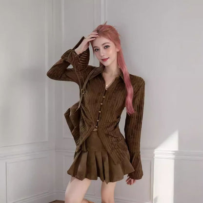 Collared Lace Up Ribbed Button Top