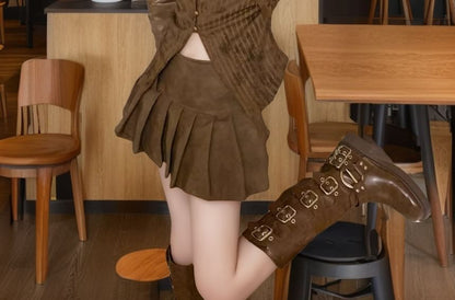 Collared Lace Up Ribbed Button Top