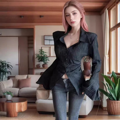 Collared Lace Up Ribbed Button Top