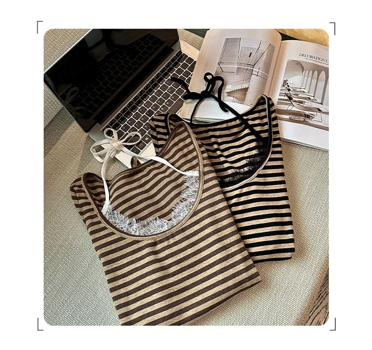 Striped Lace Panel Mock Two-Piece T-Shirt