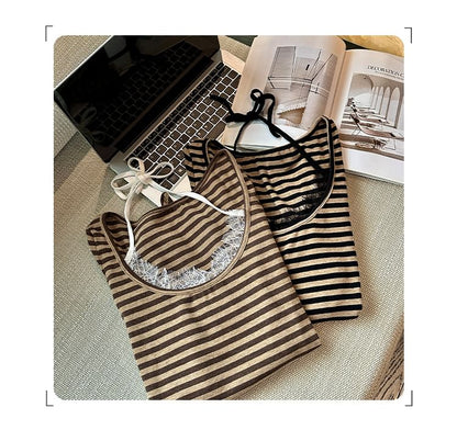Striped Lace Panel Mock Two-Piece T-Shirt