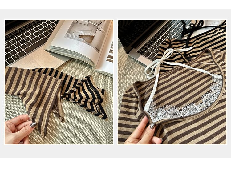 Striped Lace Panel Mock Two-Piece T-Shirt