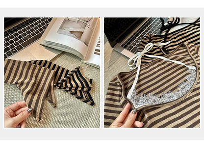 Striped Lace Panel Mock Two-Piece T-Shirt