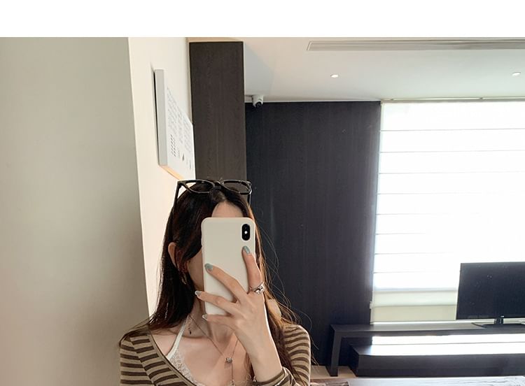 Striped Lace Panel Mock Two-Piece T-Shirt