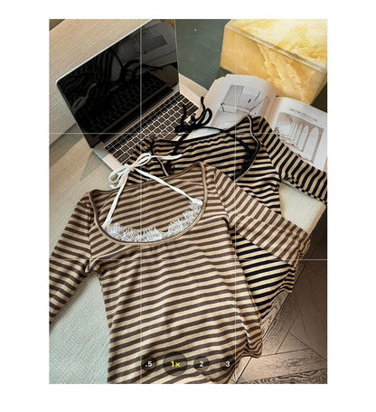 Striped Lace Panel Mock Two-Piece T-Shirt