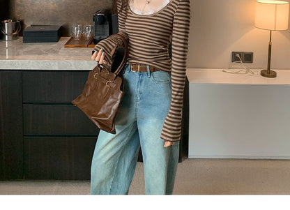 Striped Lace Panel Mock Two-Piece T-Shirt