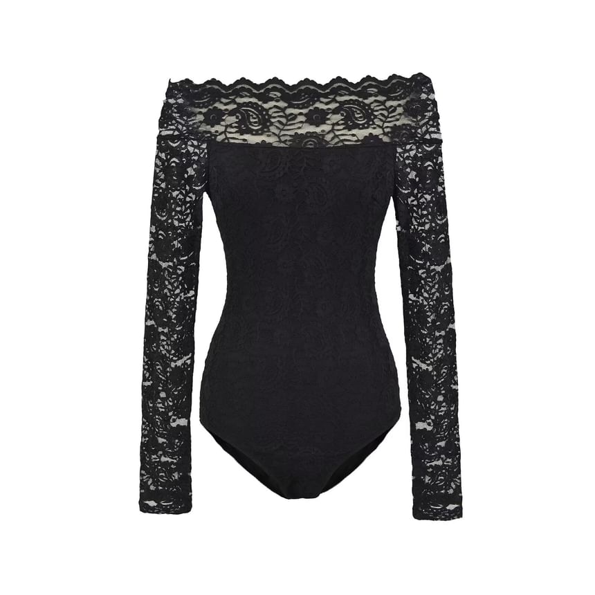Off Shoulder Lace Bodysuit Long Sleeve