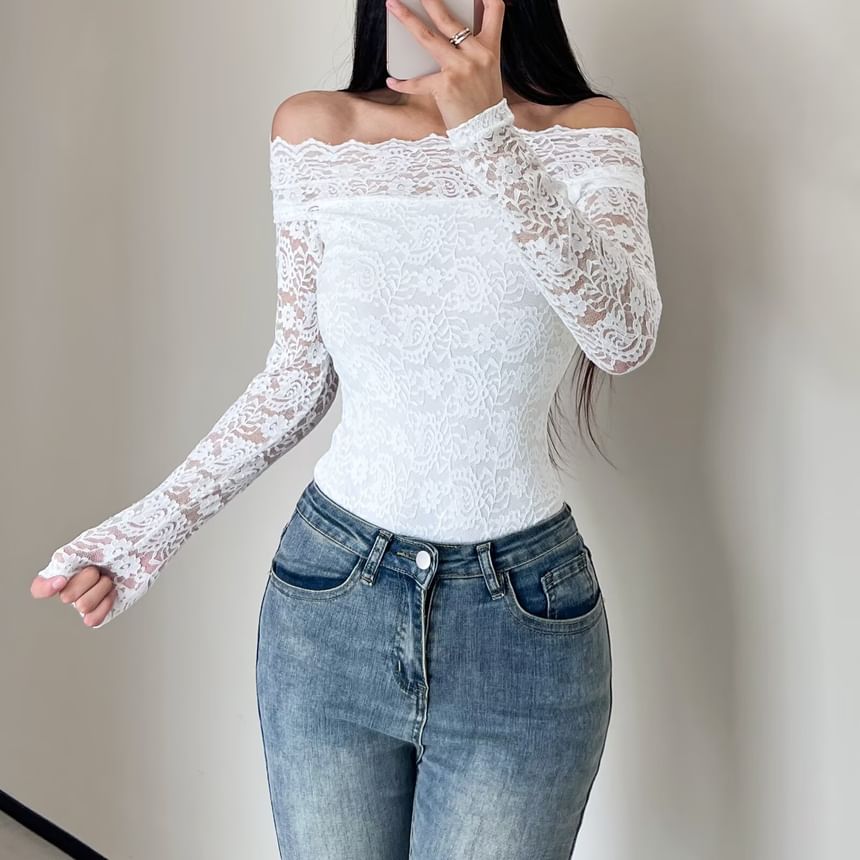 Off Shoulder Lace Bodysuit Long Sleeve