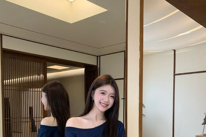 Off-Shoulder Solid Sweatshirt + Drawstring Waist Mini Pencil Skirt Ensemble