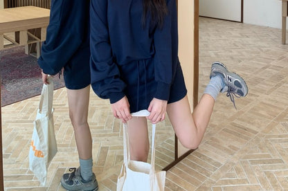 Off-Shoulder Solid Sweatshirt + Drawstring Waist Mini Pencil Skirt Ensemble