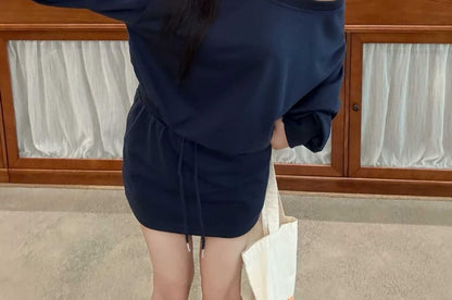 Off-Shoulder Solid Sweatshirt + Drawstring Waist Mini Pencil Skirt Ensemble
