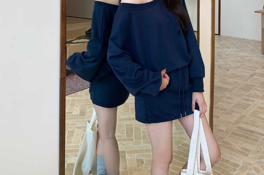 Off-Shoulder Solid Sweatshirt + Drawstring Waist Mini Pencil Skirt Ensemble