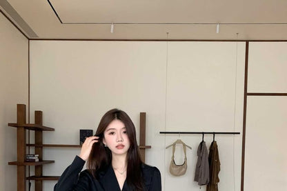 Notch Lapel Solid Single Button Wrap Blazer + High Rise Midi A-Line Skirt Set
