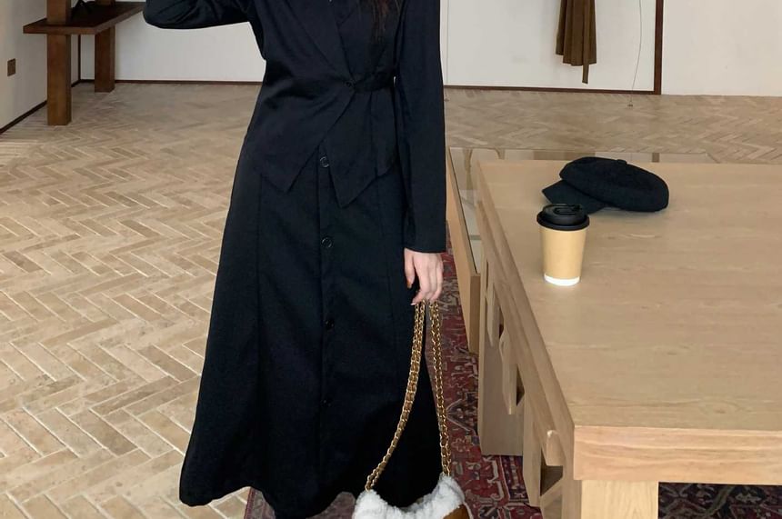Notch Lapel Solid Single Button Wrap Blazer + High Rise Midi A-Line Skirt Set