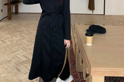 Notch Lapel Solid Single Button Wrap Blazer + High Rise Midi A-Line Skirt Set