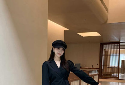 Notch Lapel Solid Single Button Wrap Blazer + High Rise Midi A-Line Skirt Set