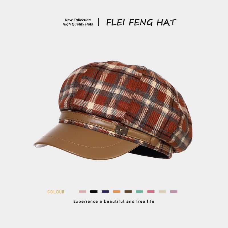 Plaid Panel Faux Leather Newsboy Cap