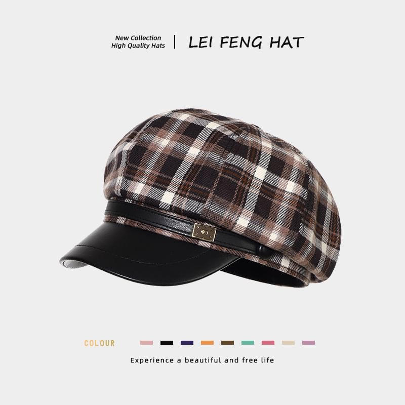 Plaid Panel Faux Leather Newsboy Cap