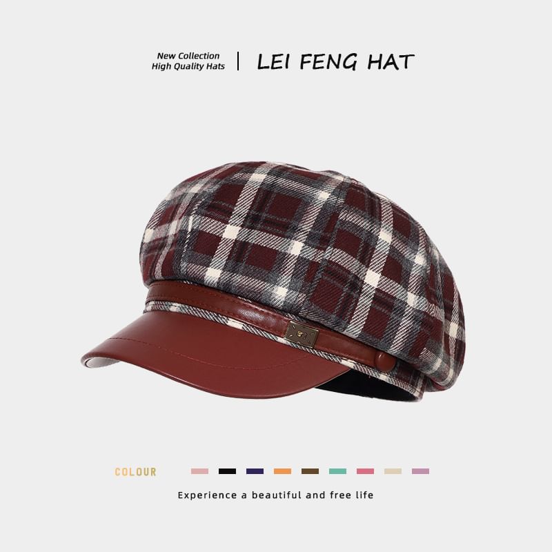 Plaid Panel Faux Leather Newsboy Cap