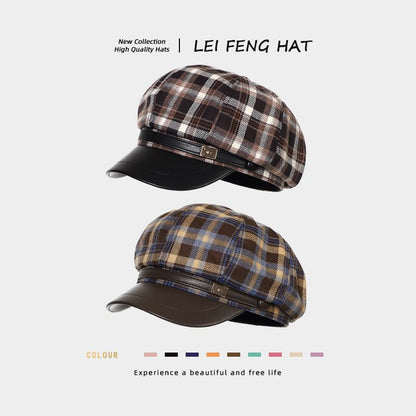 Plaid Panel Faux Leather Newsboy Cap