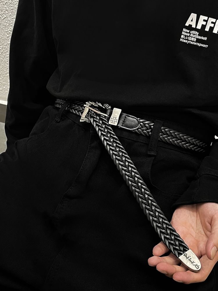 Engraved Buckle Braided Faux Leather Belt