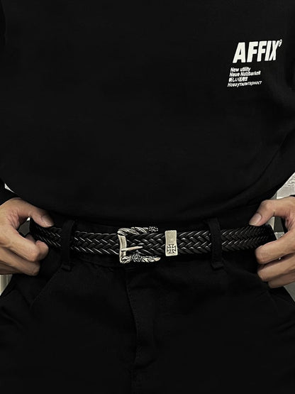 Engraved Buckle Braided Faux Leather Belt