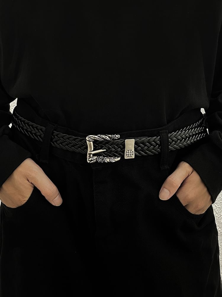 Engraved Buckle Braided Faux Leather Belt