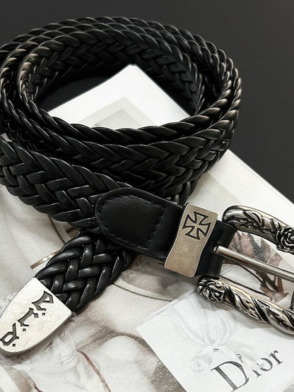 Engraved Buckle Braided Faux Leather Belt