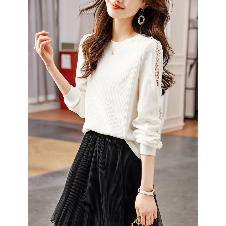 Round Neck Lace Panel Sweatshirt