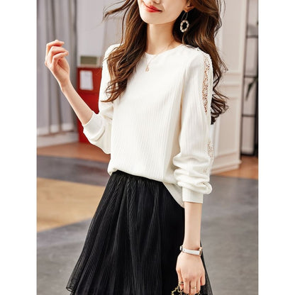 Round Neck Lace Panel Sweatshirt