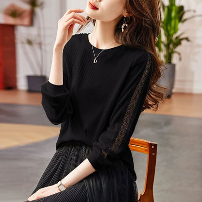 Round Neck Lace Panel Sweatshirt