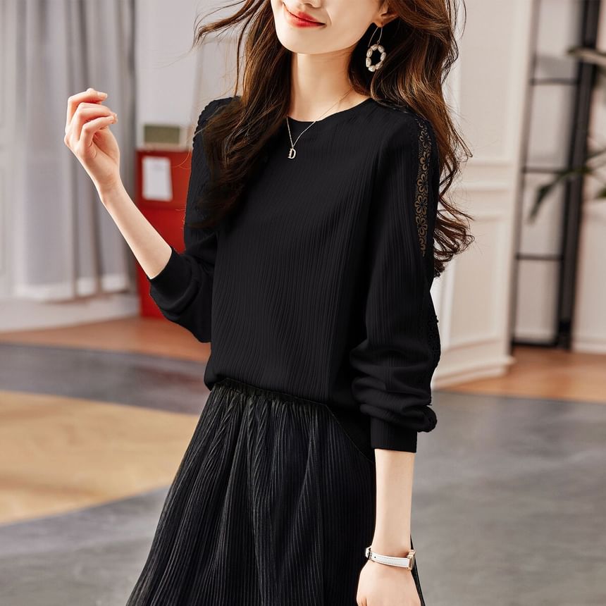 Round Neck Lace Panel Sweatshirt