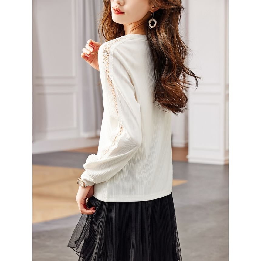 Round Neck Lace Panel Sweatshirt