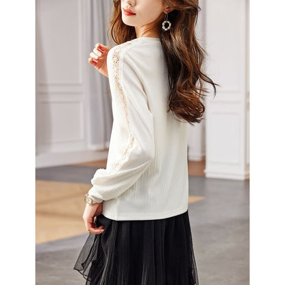 Round Neck Lace Panel Sweatshirt
