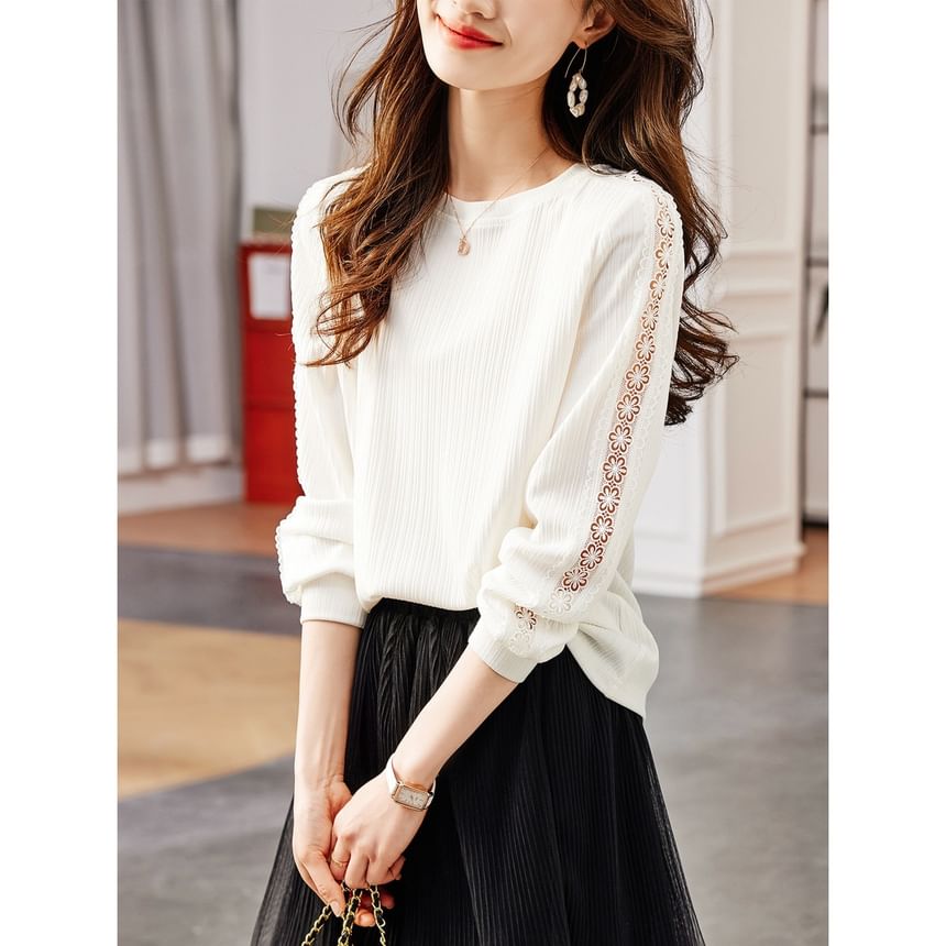 Round Neck Lace Panel Sweatshirt