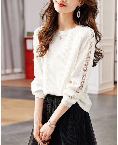 Round Neck Lace Panel Sweatshirt