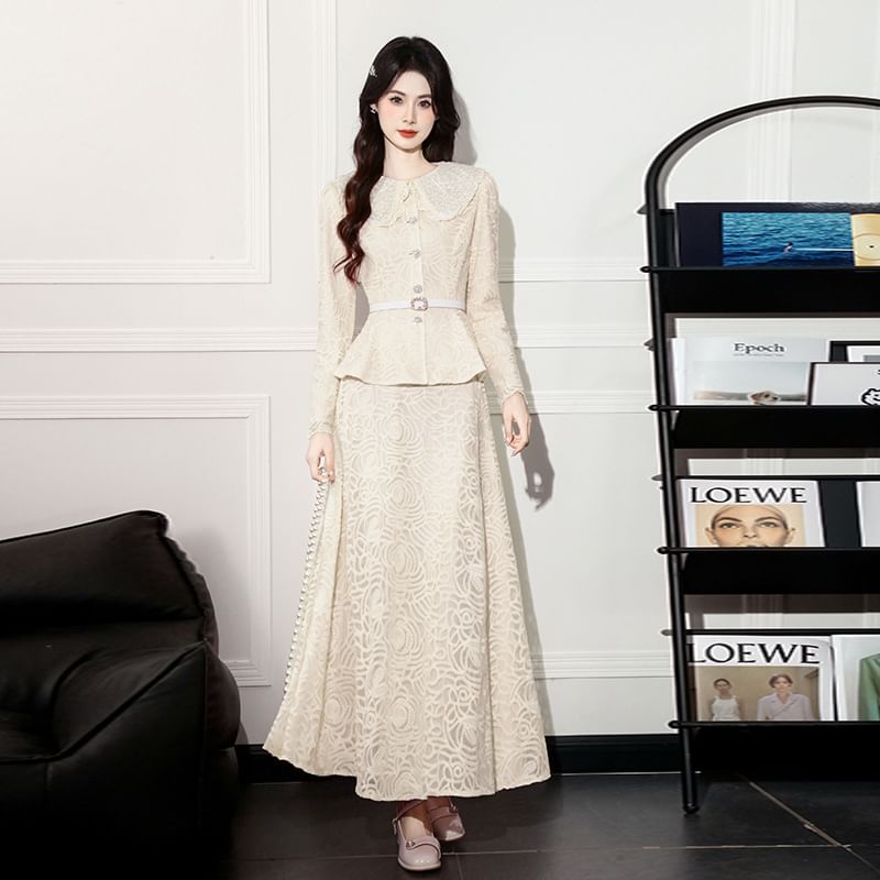 Peplum Lace Blouse & High Waist A-Line Skirt Set