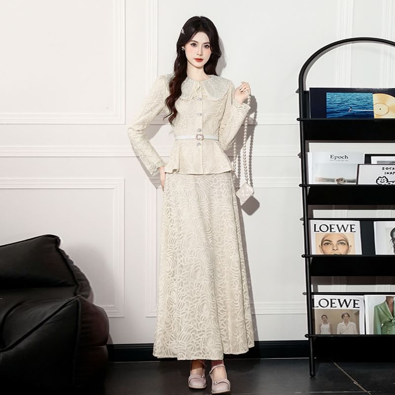 Peplum Lace Blouse & High Waist A-Line Skirt Set