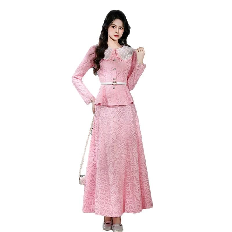 Peplum Lace Blouse & High Waist A-Line Skirt Set