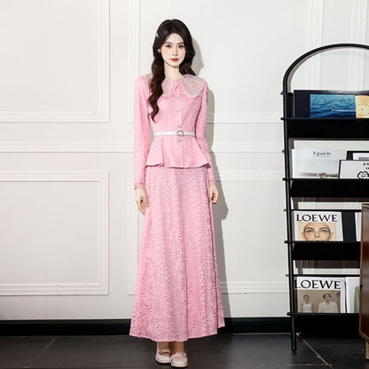 Peplum Lace Blouse & High Waist A-Line Skirt Set