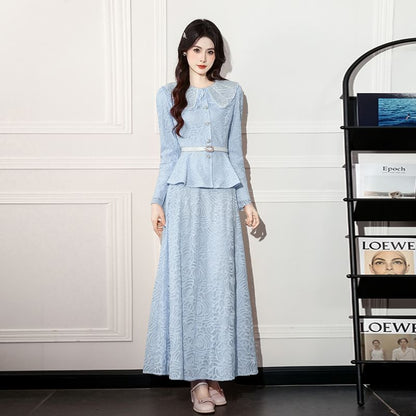 Peplum Lace Blouse & High Waist A-Line Skirt Set